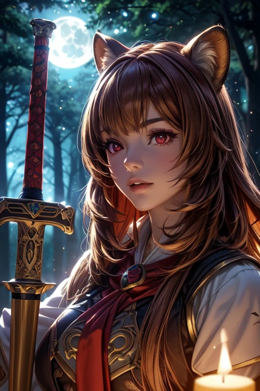 Masterpiece, best quality, 8K Wallpaper, HDR, octane rendering. Raphtalia, 18 year old girl, fair skin, wearing (adventurer outfit, fantasy style), forest, resting by the bonfire, cleaning sword, mystical night sky, bright stars, full moon, beautiful detailed scenery. The girl has (Brown hair, hair color: 1.2), (Raccoon ears), (Beautiful and detailed face with perfect symmetry), (Beautiful and detailed red eyes: 1.3), (soft lips, slender smile), (tail raccoon), (body with perfect anatomy, perfect natural texture, high details, shiny skin), cinematic lighting, vivid colors, extremely detailed illustration, depth of field