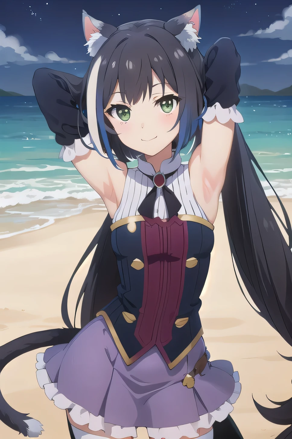 best quality, masterpiece, detailed,
Karyl,
solo, smile,
black hair, streaked hair, white hair, low twintails, very long hair, green eyes, cat ears, cat tail,
KarylDress, detached sleeves, black thighhighs, purple skirt, frills, brooch,
(cowboy shot:1.5), solo, night sky, beach, arms behind head, contrapposto, spread armpits, looking at viewer, best quality,