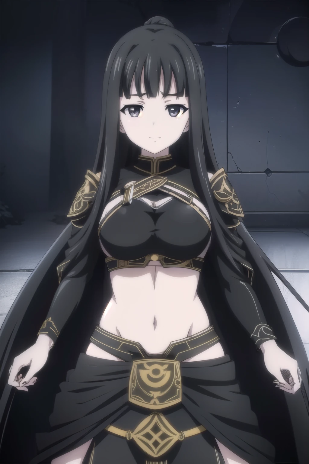 rinnebyakuya, rinne byakuya, long hair, bangs, black hair, (black eyes:1.5), blunt bangs,
masterpiece, best quality, highly detailed, fantasy , a anime girls in armored dress holding a sword posing for a picture, evil smile, smile,  breastplate with open cleavage, cleavage, warrior outfit, ecchi anime style, anime girls, ecchi style, (nsfw) not safe for work, ecchi, digital anime art!!, in anime style, official artwork, visual novel cg, beautiful anime girl, anime style 4 k , loincloth, exposed belly, exposed navel, exposed midriff, exposed lower belly, pencil skirt armored, castle,inside castle