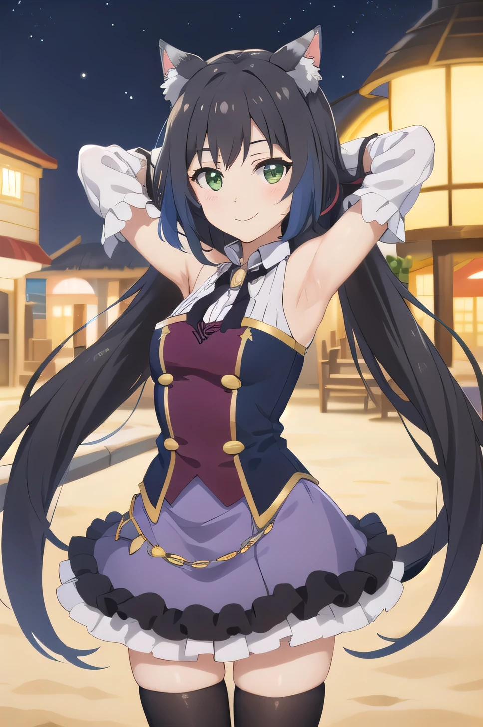 best quality, masterpiece, detailed,
Karyl,
solo, smile,
black hair, streaked hair, white hair, low twintails, very long hair, green eyes, cat ears, cat tail,
KarylDress, detached sleeves, black thighhighs, purple skirt, frills, brooch,
(cowboy shot:1.5), solo, night sky, beach, arms behind head, contrapposto, spread armpits, looking at viewer, best quality,