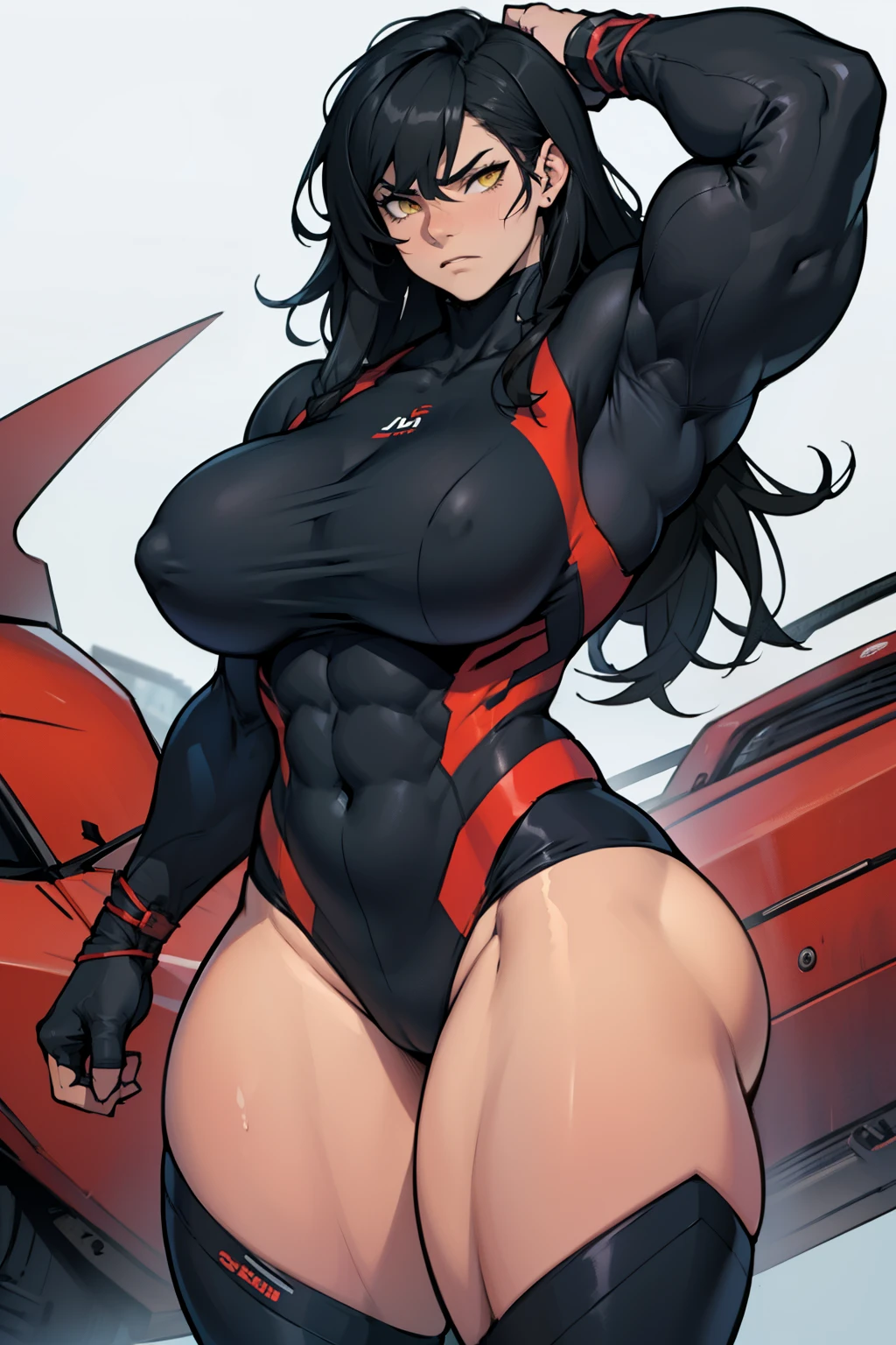 huge muscles huge breasts huge thighs pale skin black hair yellow eyes very long hair muscular girl sad frown expressionless huge muscles huge breasts huge thighs huge muscles huge breasts huge thighs skintight suit