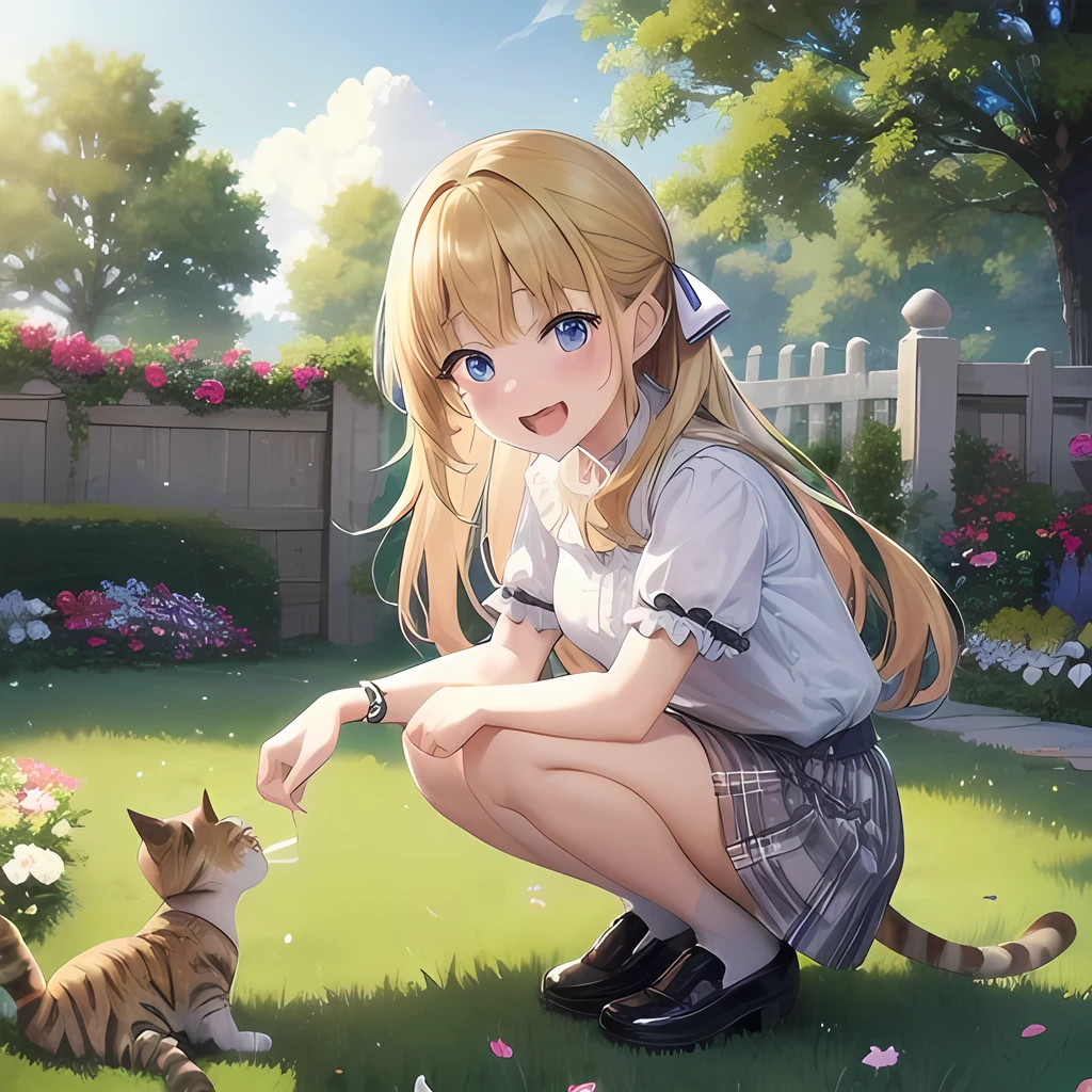 TOP quality,8K, masterpiece, (manga:1.2), (1girl, cat:1.2), (laugh:1.3), (garden),