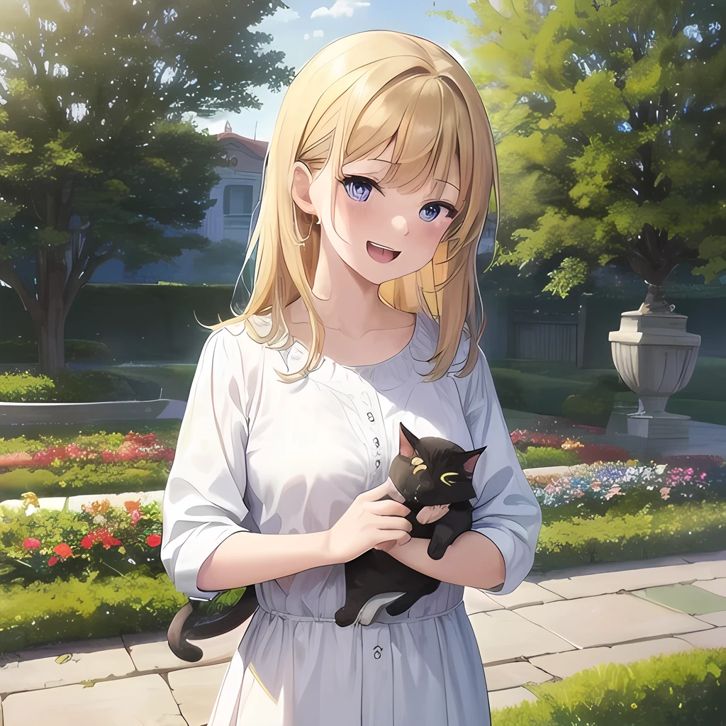 TOP quality,8K, masterpiece, (manga:1.2), (1girl, cat:1.2), (laugh:1.3), (garden),
