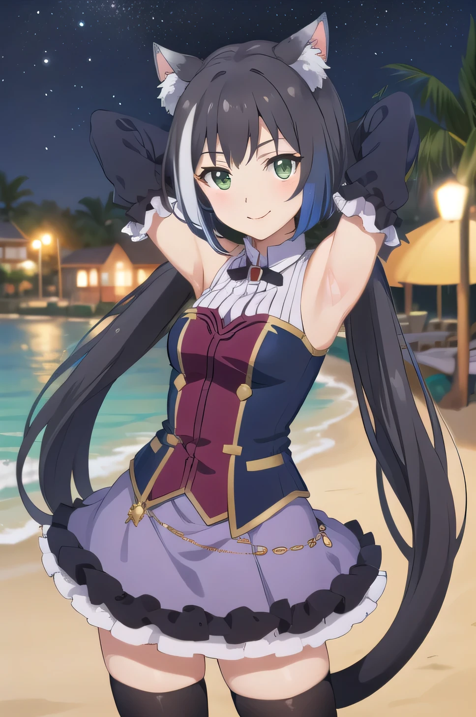 best quality, masterpiece, detailed,
Karyl,
solo, smile,
black hair, streaked hair, white hair, low twintails, very long hair, green eyes, cat ears, cat tail,
KarylDress, detached sleeves, black thighhighs, purple skirt, frills, brooch,
(cowboy shot:1.5), solo, night sky, beach, arms behind head, contrapposto, spread armpits, looking at viewer, best quality,