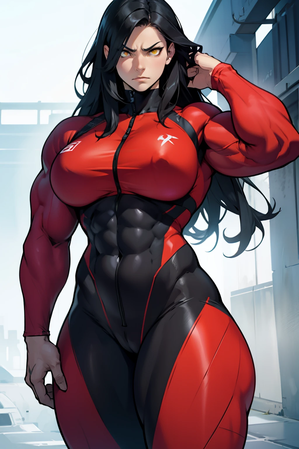 huge muscles huge breasts huge thighs pale skin black hair yellow eyes very long hair muscular girl sad frown expressionless huge muscles huge breasts huge thighs huge muscles huge breasts huge thighs skintight suit