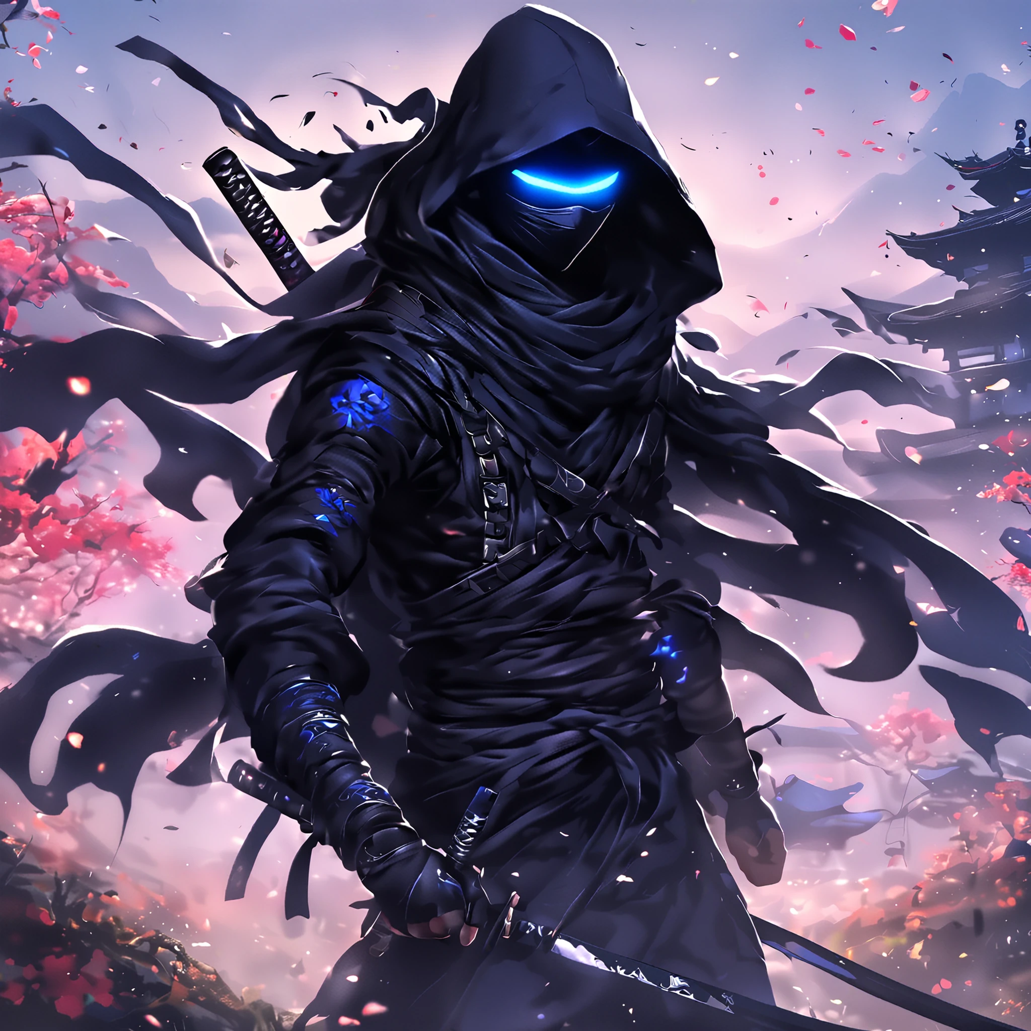 A ninja wearing a black uniform, black hood, black cape, black pants, black boots, with a dark blue aura, glowing dark blue eyes, wearing a black mask and black bracelet, holding a ninjato blade, in a foggy valley, full body. shadow, flower, UHD, masterpiece, accurate, anatomically correct, textured skin, super detail, high quality, best quality, 8k, high resolution, bokeh effect. (ninja solo)