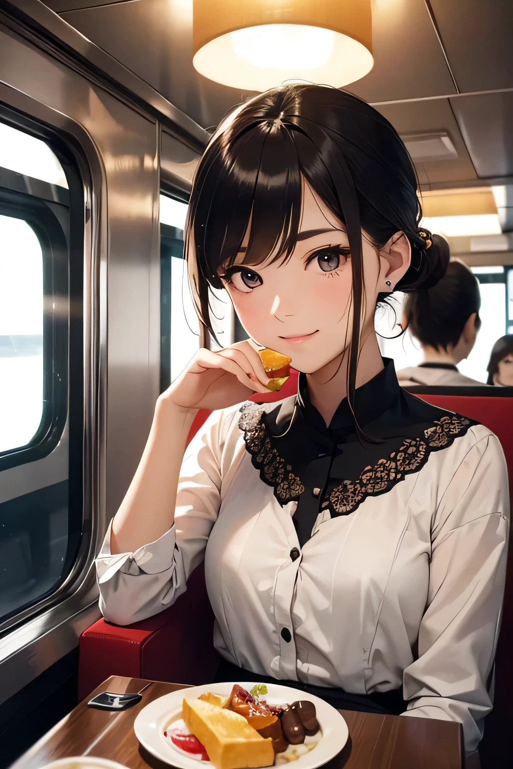 highest quality、High resolution、Detailed Background、(Beautiful face in every detail:1.4)、Teenage beauty、Highly detailed face、Cute hair colour、ponytail、Bobcut、Cute hairstyle、well-groomed eyebrows、Cute gestures、Inside the sleeper train、Train Travel、Innocent smile、Fit on one screen、
Girls exploring the lobby and dining car、Sit down on a comfortable sofa、While eating sweets、They are having a lively and fun conversation.、The way she listens to the announcements on the train is adorable too.、
Orient Express、A traditional sleeper train running from east to west across Europe、Elegant interior decoration and high-quality service