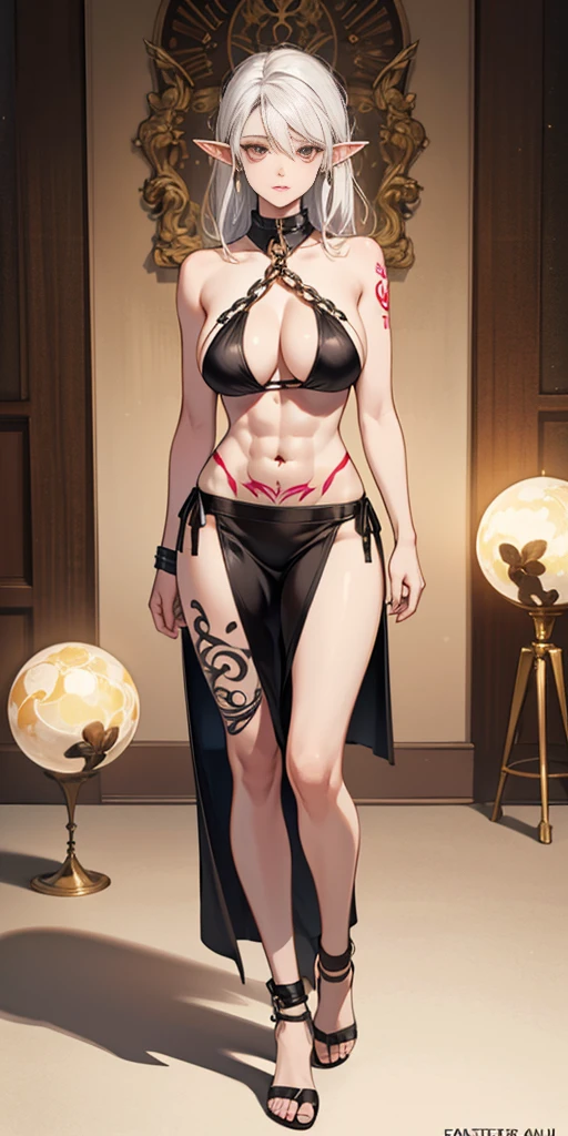 ologirl, full body standing looking to the camera, grey skin, drow, elf, 1girl, magolden eyes, white hair, black bikini, abs, big knoc rags, chain collar, stomach tattoo (red tattoo) big breast