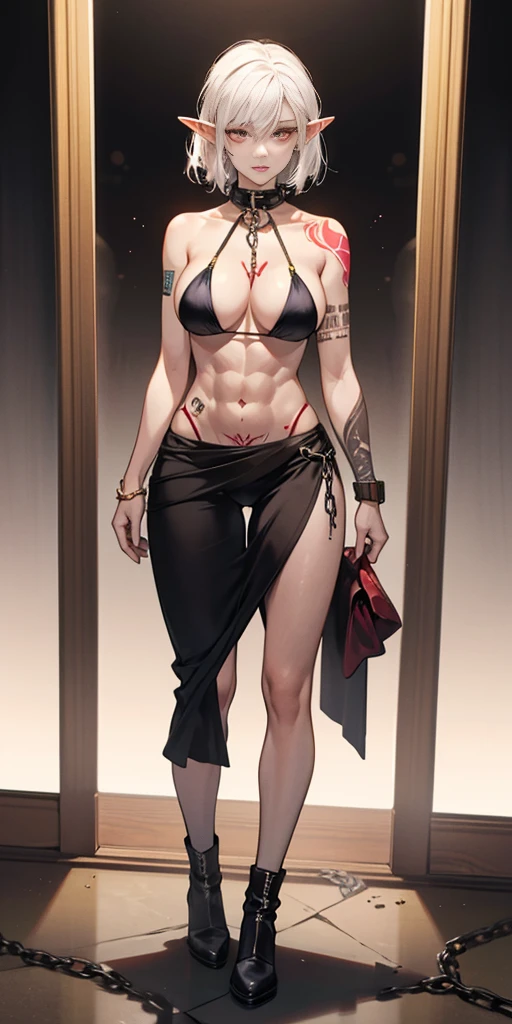 1sologirl, full body standing looking to the camera, grey skin, drow, elf, 1girl, mature, golden eyes, white hair, black bikini, abs, big knockers, tatter rags, chain collar, stomach tattoo (red tattoo) big breast