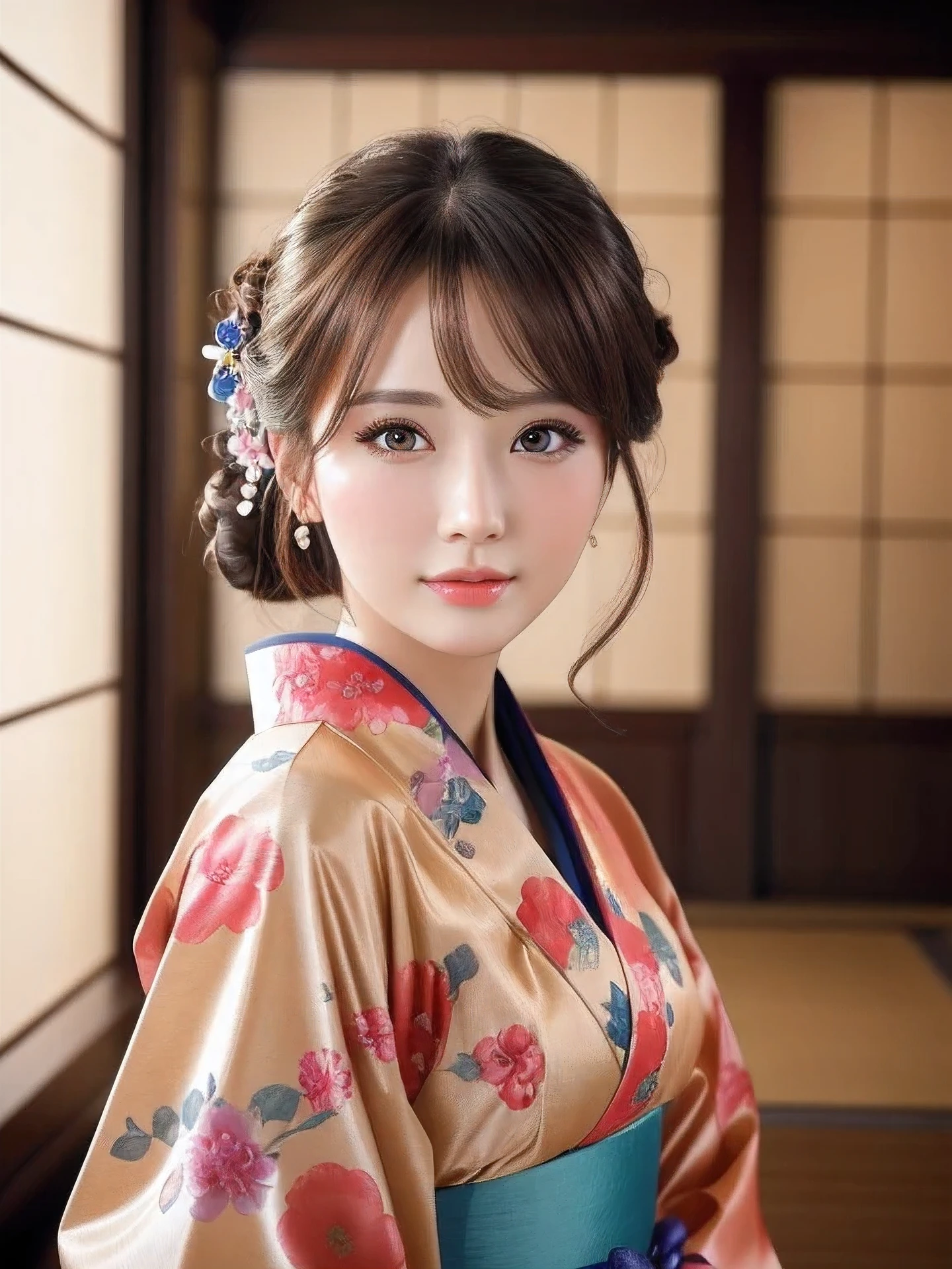 masterpiece, highest quality, High resolution, wallpaper, realistic, (bright lighting:1.4), professional lighting, face light, smooth lighting, (shoot from front:1.8), 1 girl, （in beautiful colorful kimono:1.5), Tea ceremony, ea ceremony room, cute, sleepy, open mouth to say something, shy, Beautiful girl, sexy, super beautiful, beautiful skin, beautiful and detailed eyes、detailed face、slim、moderately, half updo, brunette colored hair, brown eyes, Professional Photography, Portrait, 