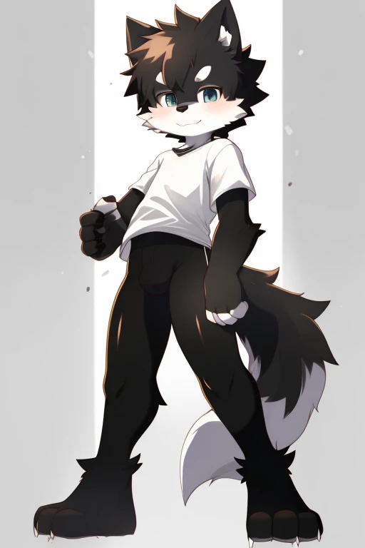 Furry wolf,((Shota)), black spandex tights, white shirt, solo, standing 