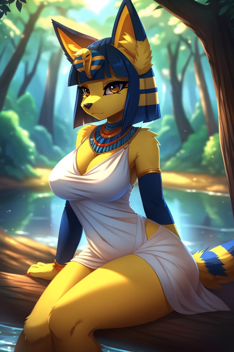 By zinfyuu on pixiv,by twistedscarlet60, uploaded on pixiv, by fluff-kevlar, (masterpiece), (best quality), (anthro furry:1.3, snout:1.2, anthro:1.3, furry:1.2, solo female:1.2), (extremely detailed:1.3), (blue_detailed_eye), wearing white dress, sfw, forest, sitting, lake, nature beauty, view on viewer, ankha, busty, big breast, thick thighs