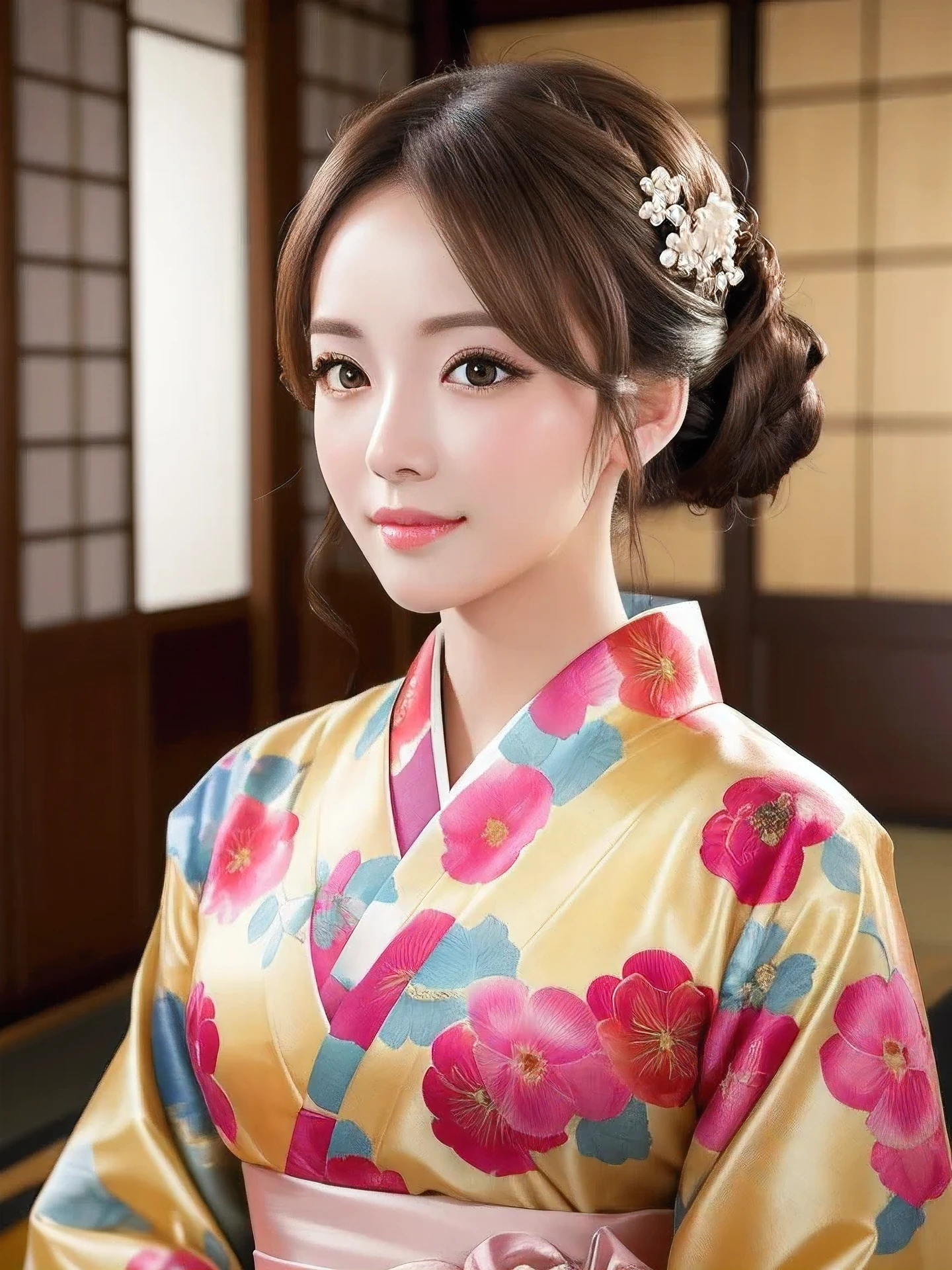 masterpiece, highest quality, High resolution, wallpaper, realistic, (bright lighting:1.4), professional lighting, face light, smooth lighting, (shoot from front:1.8), 1 girl, (in beautiful colorful kimono:1.5), Tea ceremony, ea ceremony room, cute, sleepy, open mouth to say something, shy, Beautiful girl, sexy, super beautiful, beautiful skin, beautiful and detailed eyes、detailed face、slim、moderately, half updo, brunette colored hair, brown eyes, Professional Photography, Portrait,