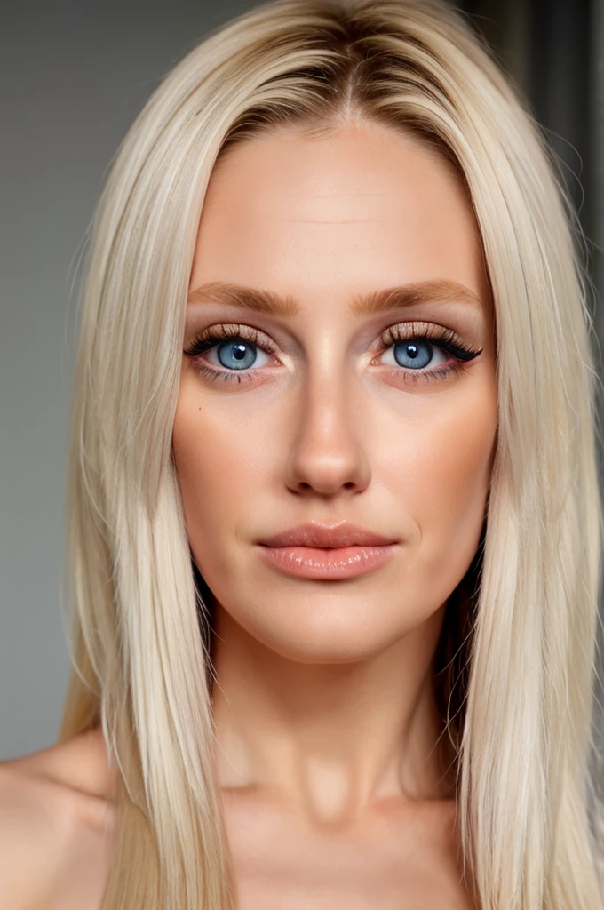 (Masterpiece), RAW photo, 8k uhd, dslr, high quality, woman, blonde hair, blue eyes, fitness, sneakers, wide jaw, broad nose, high cheekbones, (puckered lips), studio, short stature, (natural breasts), looking at viewer, b1mb0, th3p1t, b1mb0, smirk, (photo of perfecteyes eyes, perfecteyes eyes symmetrical eyes, ultra detailed eyes)