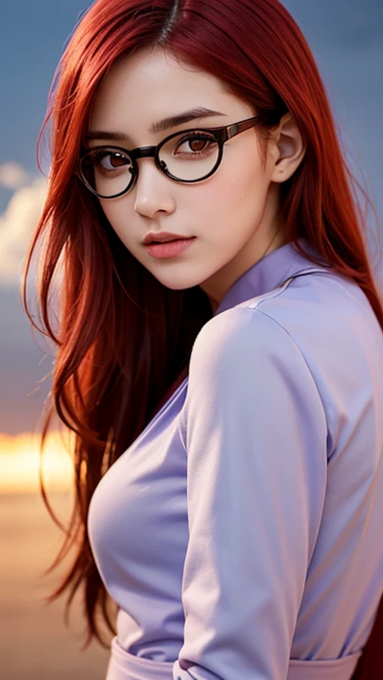 1 girl,more details in eyes,cute,looking at viewer, adorabel girl,half body,purple dress, cute face,details sky,pretty,young,juvenile,((masterpiece:1.4,best quality)),multiple details,red hair,glasses,eyeshadow,Karin Uzumaki from naruto, sfw,   