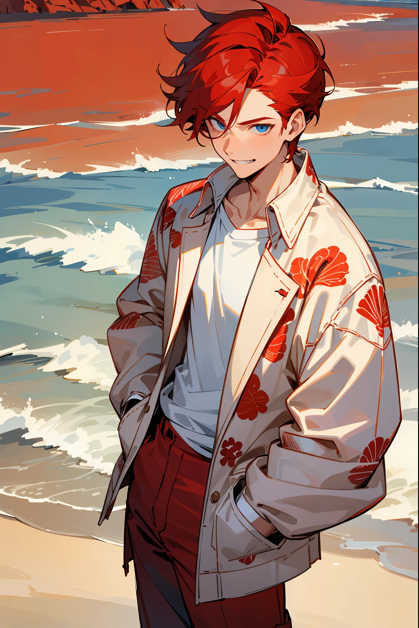 1male, red hair, sideswept hair, short hair, blue eyes, grinning, white undershirt, red pants, red baggy print jacket down, beach background, standing on path, detailed face, detailed background, hands in pockets, patterned eyes, hands in pockets, muscular build, 