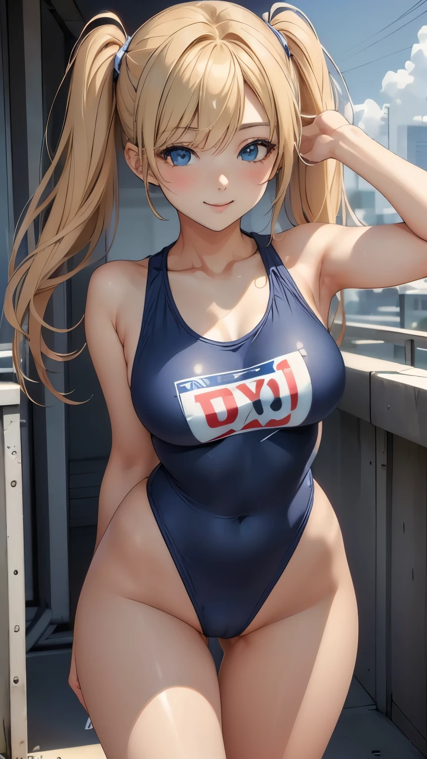 (masterpiece:1.3, highest quality, Ultra-high resolution, Very detailed), (Realistic:1.1, photoRealistic:1.4), Beautiful illustrations, Perfect lighting, colorful, Written boundary depth,
Beautiful detailsまでこだわった髪, Beautifully detailed face, Beautiful details, Beautiful clavicle, Beautiful body, Beautiful breasts, Beautiful thighs, Beautiful legs, Beautiful fingers,
View your audience, 1 girl, Japanese, high school girl, Perfect Face, (Perfect Anatomy, Anatomically correct), Cute and symmetrical face, , Sunburn, Shiny skin,
(Mid-length hair:1.5, Twin tails:1.2, blonde), Asymmetrical bangs, blue eyes, Long eyelashes, (Mid-chest), thin,
((Light blue tank top、Red high cut bloomers、To the Navy)), No pants,
(Beautiful views), evening, (Outdoor, distant cityscape), Are standing, (peace sign), (Cute Smile, Blushing、Upward glance, Open your mouth)、sexy