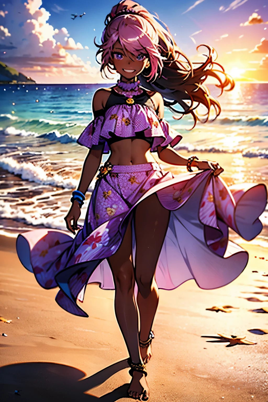 4k, masterpiece, crop top, high detailed, beautiful eyes, long pink hair, high ponytail, purple eyes, mischievous smile, wearing a light, flowing sundress with floral patterns, beach setting, standing barefoot on the sand, gentle waves in the background, bright sunlight, playful and carefree expression, wind lightly blowing her hair and dress, seashells scattered on the sand, summer vibes, relaxed and joyful atmosphere, spider pattern, detailed feet, beautiful eyes, (best quality), (extremely detailed 8K wallpaper), ultra-detailed, cinematic lighting, detailed light, best shadow, anklet, dark skinned, female, Hawaiian, detailed face, beautiful toes, beautiful hands, sunset, two legs,