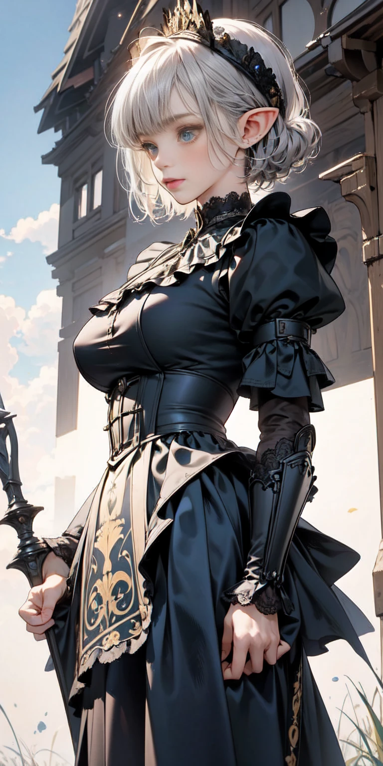 Elf girl medieval knight, standing, green hill with a clear sky. Detailed elf face, big breasts, short hair, silver hair, deep blue eyes. Wearing black Victorian maid armor, full silver armor, intricate armored. Cinematic lighting, masterpiece. by Yusuke Murata