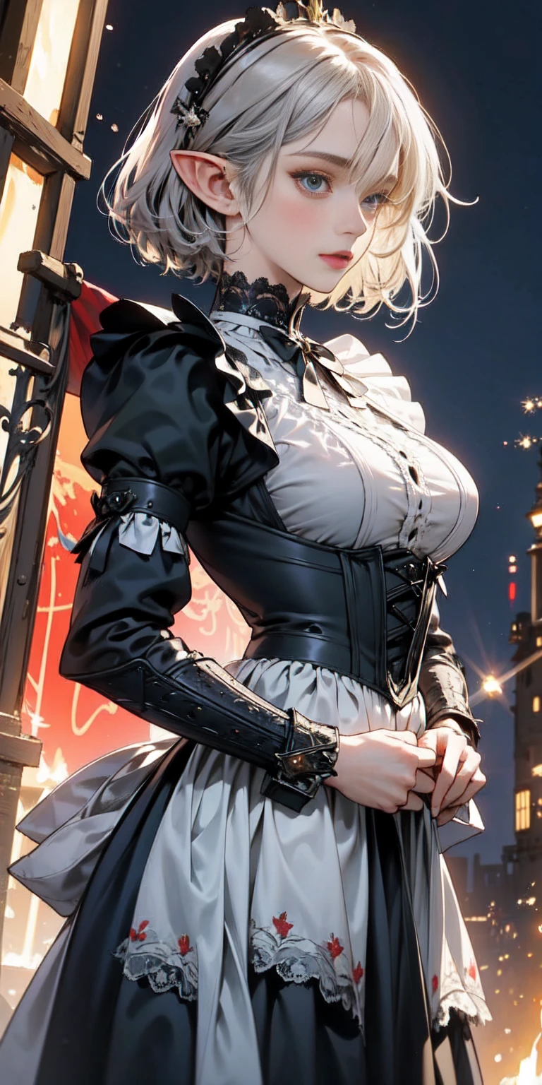 Elf girl medieval knight, standing, green hill with a clear sky. Detailed elf face, big breasts, short hair, silver hair, deep blue eyes. Wearing black Victorian maid armor, full silver armor, intricate armored. Cinematic lighting, masterpiece. by Yusuke Murata