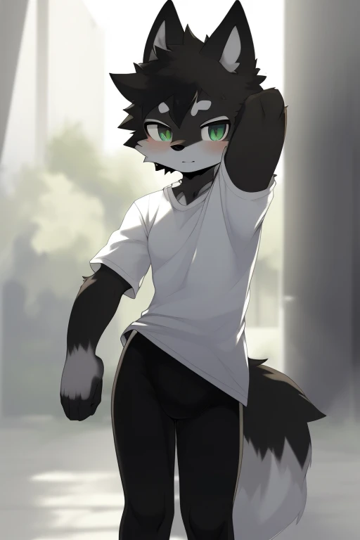 Furry wolf,((Shota)), black spandex tights, white shirt, solo, standing