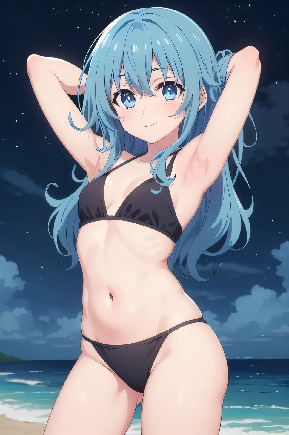 1girl, solo, best quality,  masterpiece, yoshino himekawa, looking at viewer, anime coloring, (cowboy shot:1.5), solo, night sky, beach, arms behind head, contrapposto, spread armpits, looking at viewer, best quality, closed mouth, smile,