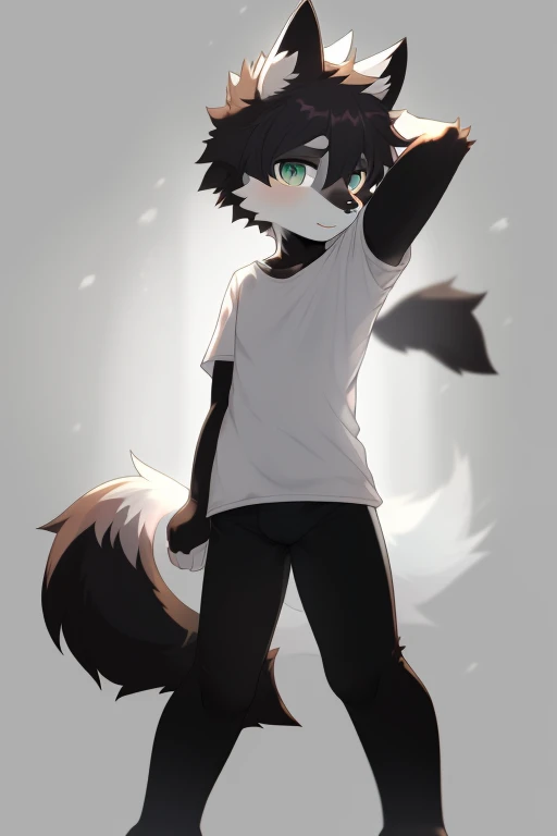 Furry wolf,((Shota)), black spandex tights, white shirt, solo, standing