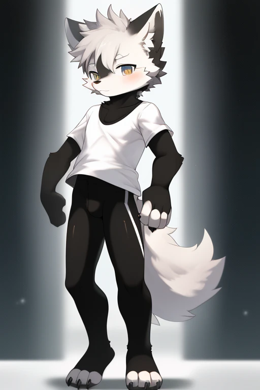 Furry wolf,((Shota)), black spandex tights, white shirt, solo, standing 