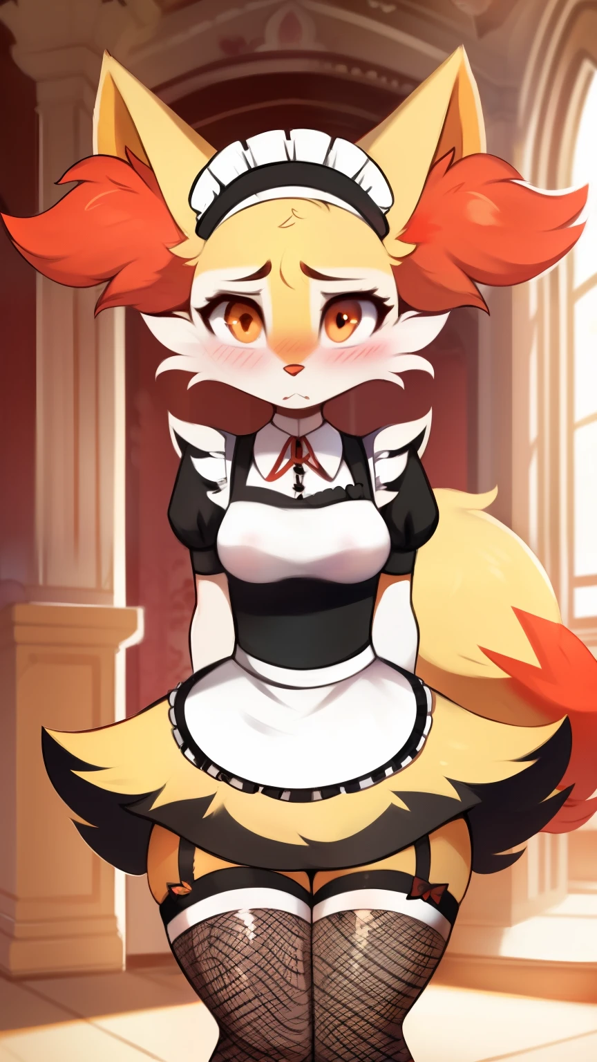 by waspsalad, by phluks, by zero-sum, Furry, braixen, Anthro, Female, (half-closed eyes), (orange eyes), (medium breasts, hips), (maid dress, Fishnet stockings, maid wristband), (embarassed), (shy), blush, (annoyed), legwear, (lingerie:0.5), ((leg ribbon)), (mansion background), looking at the viewer, bent over, ((surprised)), (anthro, fluffy fur, character focus:1.1), anime-style cartoon-style, digital drawing