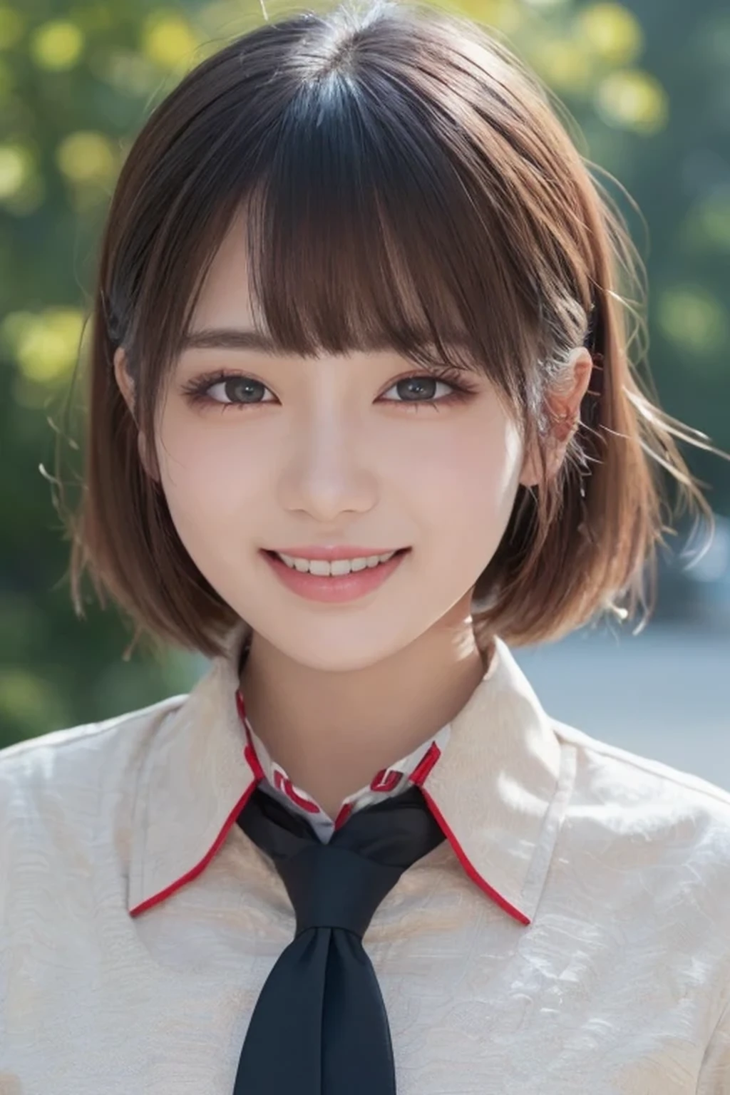 ((8K、Super fine、Highest quality))、(((beautiful girl)))、Japanese、bangs、(Depth of written boundary、Ultra-realistic:1.2)、Detailed eyes、Evenly balanced eyes、Natural Makeup、(UHD、Realistic textured skin、Anatomically correct: 1.3)、(super beautiful、Collared shirt: 1.5)、looking at the camera、smile