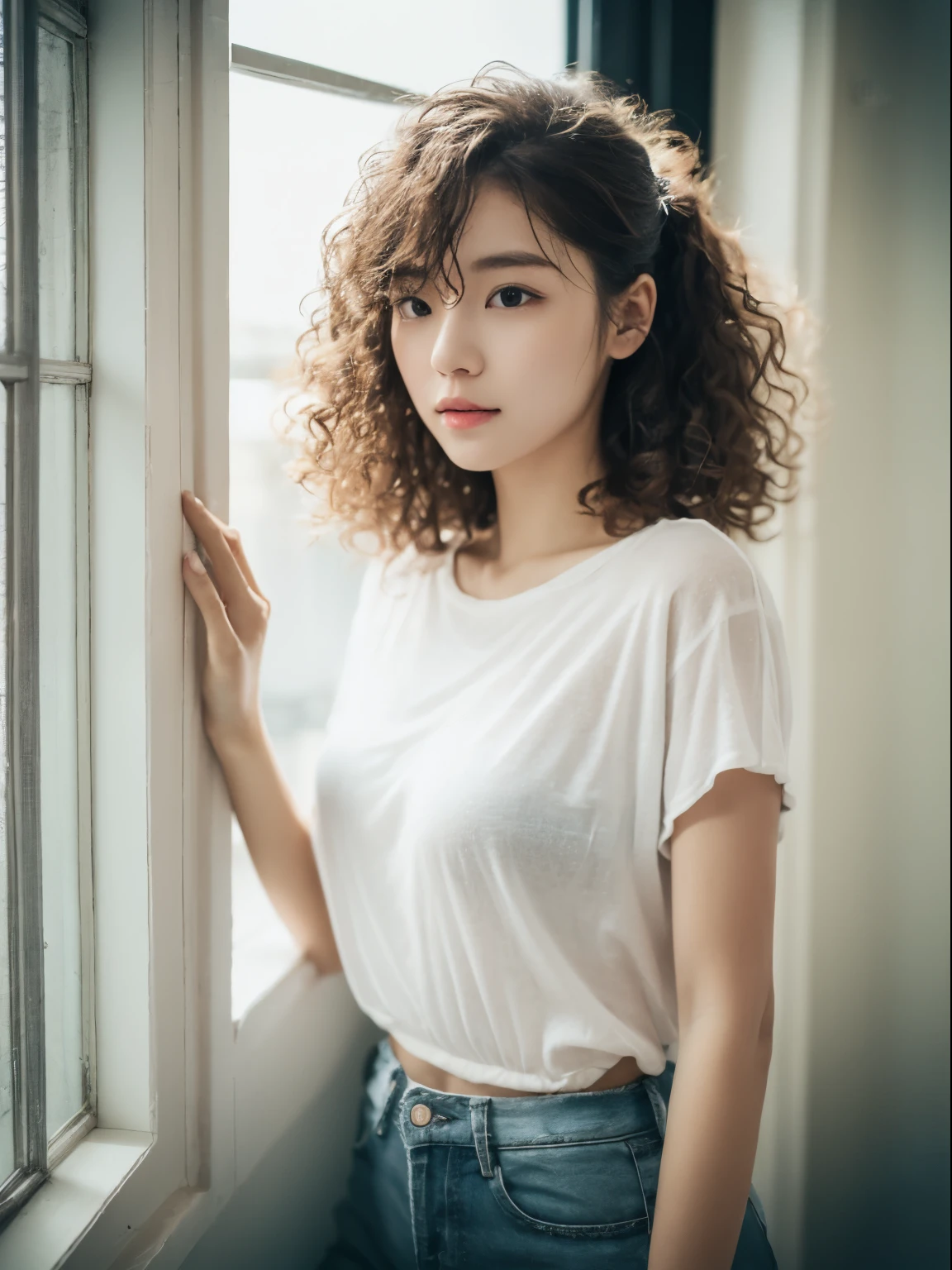 top-quality、masterpiece、hight resolution、1girl in、solo、Raw photo、Real person、Detailed skin、japanes、brawn hair、thin bunches of bangedium Hair、Curly hair、Floating hair、fullllbody,cropped shirt、White Room、catchlight