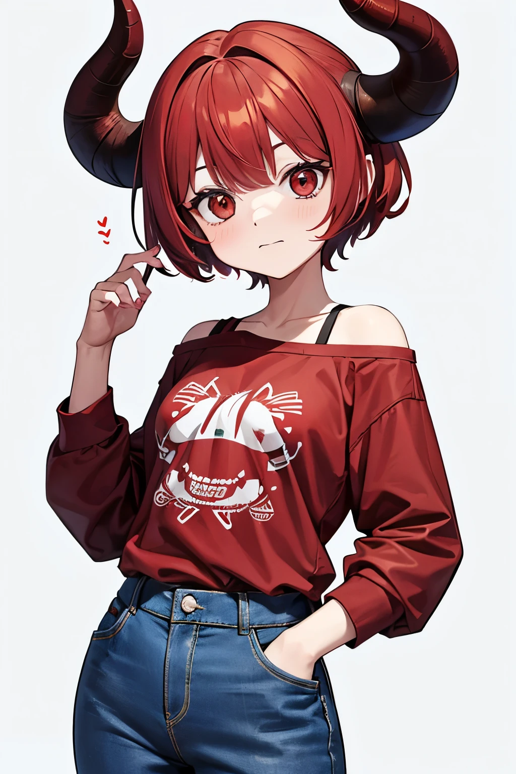 red hair,red This character is a teenage girl with horns that are 13.2 centimeters high and 1.28 centimeters thick. The horns are located on the upper left side of her head, showing remnants of her previous life as a Hollow helmet. Ella tiene corto, rojo y Fuego carmesí Her hair is short and reaches her shoulders. She has small breasts, approximately 2 and 1.5 centimeters high and 1.10 centimeters thick. She is 14 years old jeans and t-shirt (sudadera con capucha).eyes,bound and gagged