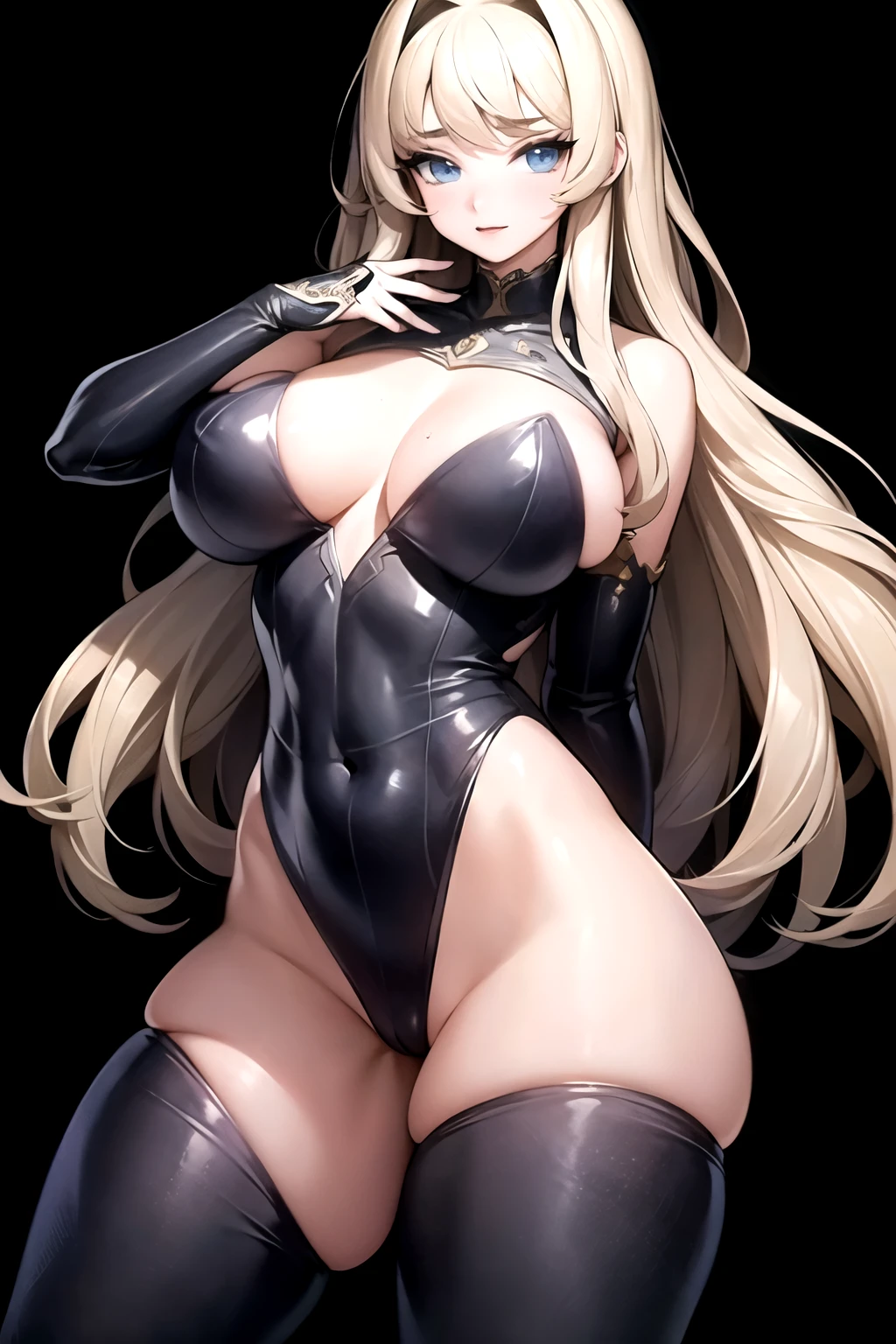 A blonde woman, wavy hair, blue eyes, a charming face and a mature body with physical characteristics similar to Sydney Sweeney(big boobs), forcing the clothes. (Wearing a sexy fantasy armor with ripped details, black color.) (The background should be neutral preferably white). Ensure the highest quality possible, resulting in a stunning piece of art. Focus in a pants pose