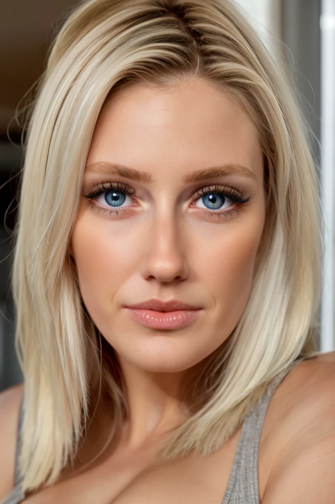 (Masterpiece), RAW photo (upper body), 8k uhd, dslr, high quality, woman, blonde hair,  blue eyes, (huge natural ???????) (sheer leotard), fitness, sneakers, wide jaw, broad nose, high cheekbones, (puckered lips), studio, short stature, (natural ???????), looking at viewer, b1mb0, th3p1t, b1mb0, smirk, (photo of perfecteyes eyes, perfecteyes eyes symmetrical eyes, ultra detailed eyes)