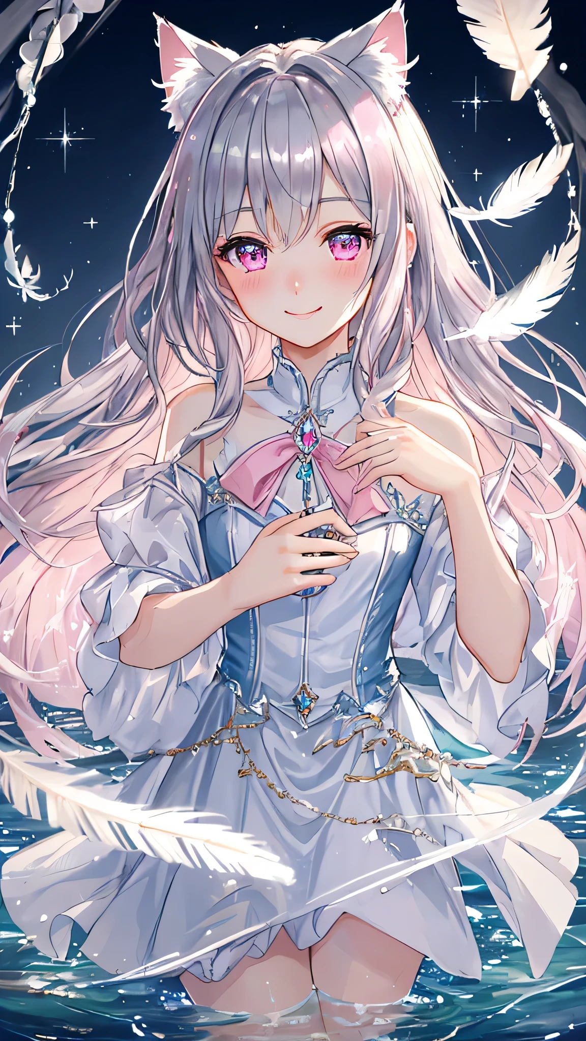 masterpiece,highest quality,Highly detailed face, water effects、Light effects、Feather Effect,Sparkling eyes,Highlighted eyes, Medium chest,pretty girl,smile,Embarrassed,Cat ear,Beautiful silver hair,Pink inside,Beautiful pink eyes,