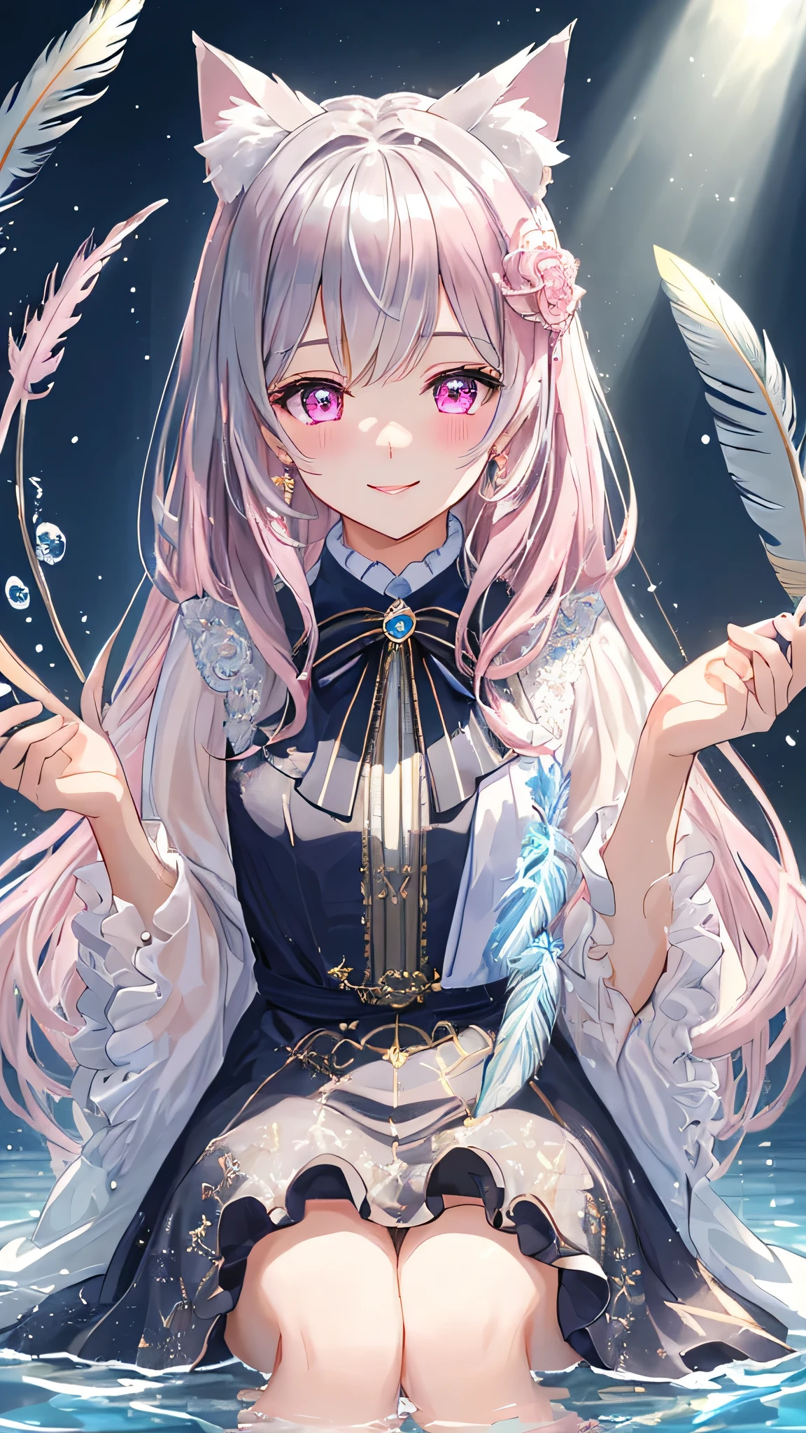 masterpiece,highest quality,Highly detailed face, water effects、Light effects、Feather Effect,Sparkling eyes,Highlighted eyes, Medium chest,pretty girl,smile,Embarrassed,Cat ear,Beautiful silver hair,Pink inside,Beautiful pink eyes,