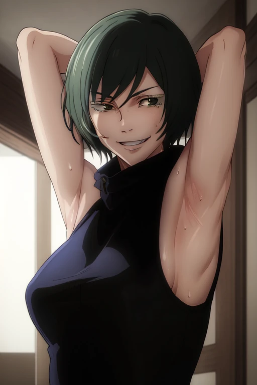 masterpiece, best quality, high quality, absurdres, indoors, Mai, turtleneck, sleeveless,  put your hands behind your head, armpits, armpits visible, sweaty armpits, smile, very small breasts