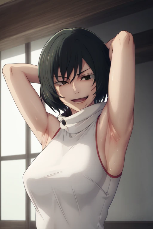 masterpiece, best quality, high quality, absurdres, indoors, Mai, turtleneck, sleeveless,  put your hands behind your head, armpits, armpits visible, sweaty armpits, smile, very small breasts