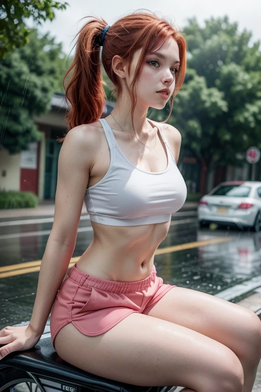 Young woman, redhead, pony tail, slim body, pink shorts, sitting astride a sportbike, street, rain