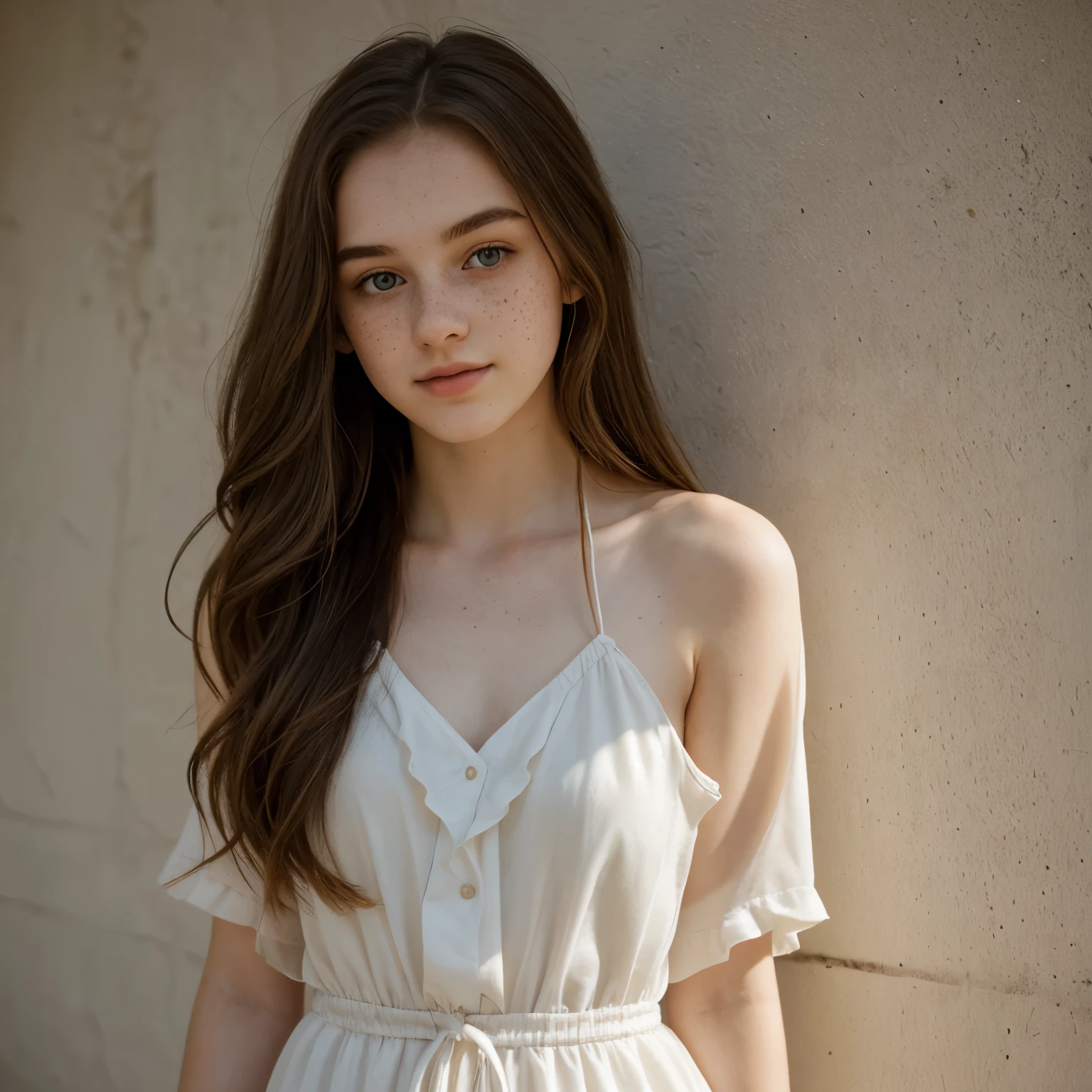Young brunette teen,, long hair, extra pale skin, freckles, bright lighting with shadows, loose flowing dress
