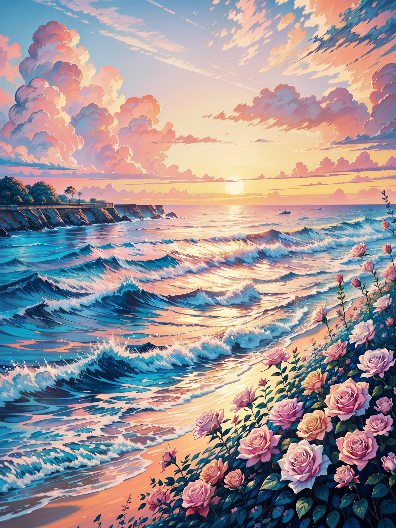 a painting of the ocean, floral sunset, rose background, floral splash painting, pastel , background, by Jane Carpanini, by Jeka Kemp, inspired by Blanche Hoschedé Monet, by Juliette Wytsman, by Susy Pilgrim Waters, by Louisa Puller, gorgeous painting, a beautiful painting, by Joanna Carrington