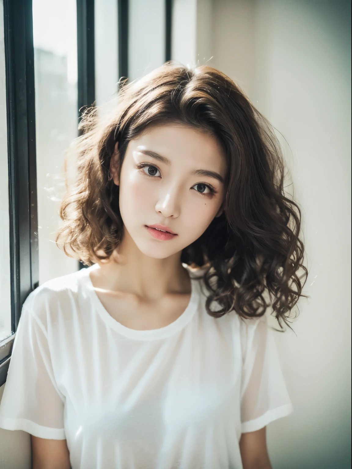 top-quality、masterpiece、hight resolution、1girl in、solo、Raw photo、Real person、Detailed skin、japanes、brawn hair、thin bunches of bangedium Hair、Curly hair、Floating hair、fullllbody,cropped shirt、White Room、catchlight