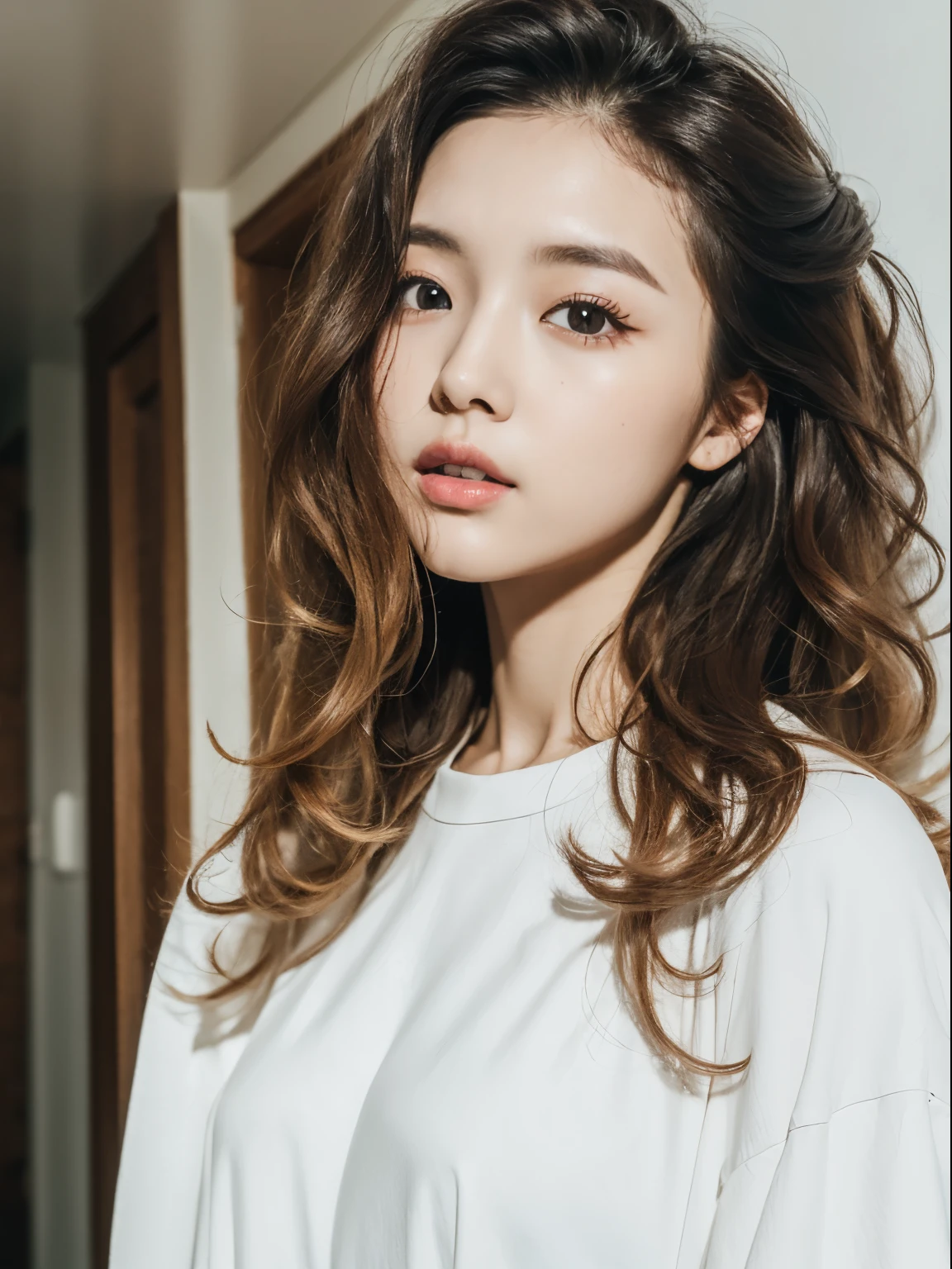 top-quality、masterpiece、hight resolution、1girl in、solo、Raw photo、Real person、Detailed skin、japanes、brawn hair、thin bunches of bangedium Hair、Curly hair、Floating hair、fullllbody,cropped shirt、White Room、catchlight