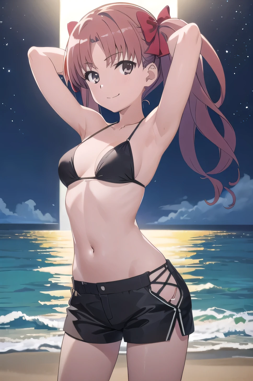 (((pixel-perfect, detail-perfect))), solo, 1girl, shirai kuroko, tokiwadai,  (cowboy shot:1.5), solo, night sky, beach, arms behind head, contrapposto, spread armpits, looking at viewer, best quality, closed mouth, smile, black bikini, black shorts,