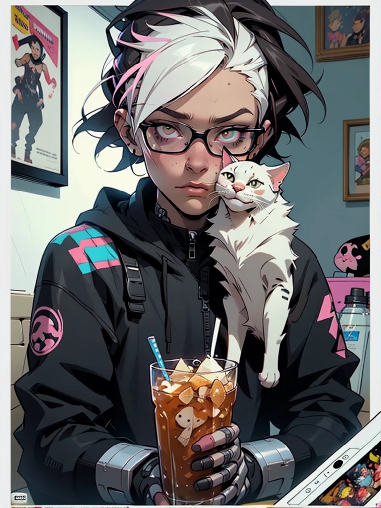 a close up of a person with a cat, art station trends, punk outfit. cute, zombie with white eyes, tiktok video, 3d kid robot, the cat is drinking tea, 2 0 2 1 anime, comic book:.2, cute cyber gods, white frame border, realistic-n 9, by Ei-Q, cute dog