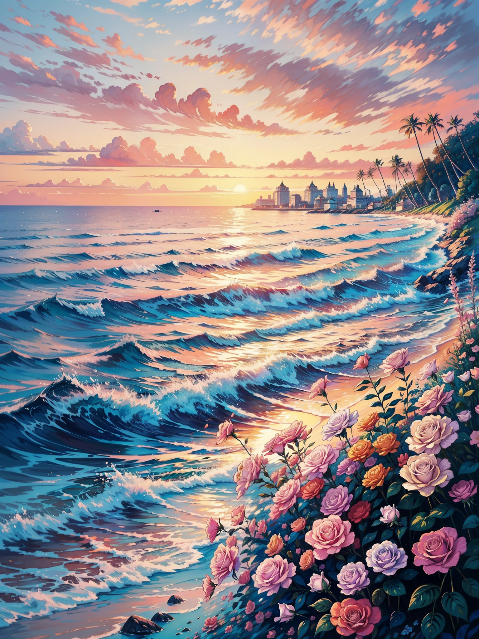a painting of the ocean, floral sunset, rose background, floral splash painting, pastel ,  background, by Jane Carpanini, by Jeka Kemp, inspired by Blanche Hoschedé Monet, by Juliette Wytsman, by Susy Pilgrim Waters, by Louisa Puller, gorgeous painting, a beautiful painting, by Joanna Carrington, no human