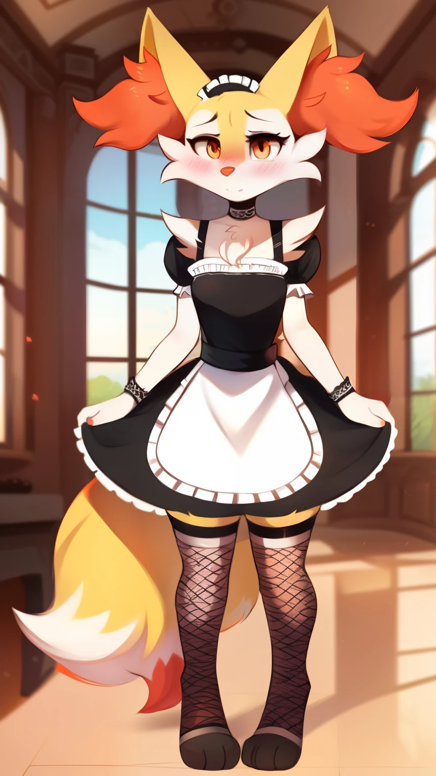 by waspsalad, by phluks, by zero-sum, Furry, braixen, Anthro, Female, (half-closed eyes), (orange eyes), (medium breasts, hips), (maid dress, Fishnet stockings, maid wristband), (embarassed), (shy), (blush), (annoyed), legwear, (lingerie:0.5), ((leg ribbon)), (standing), (frontal view), (mansion background), (anthro, fluffy fur, character focus:1.1), anime-style cartoon-style, digital drawing