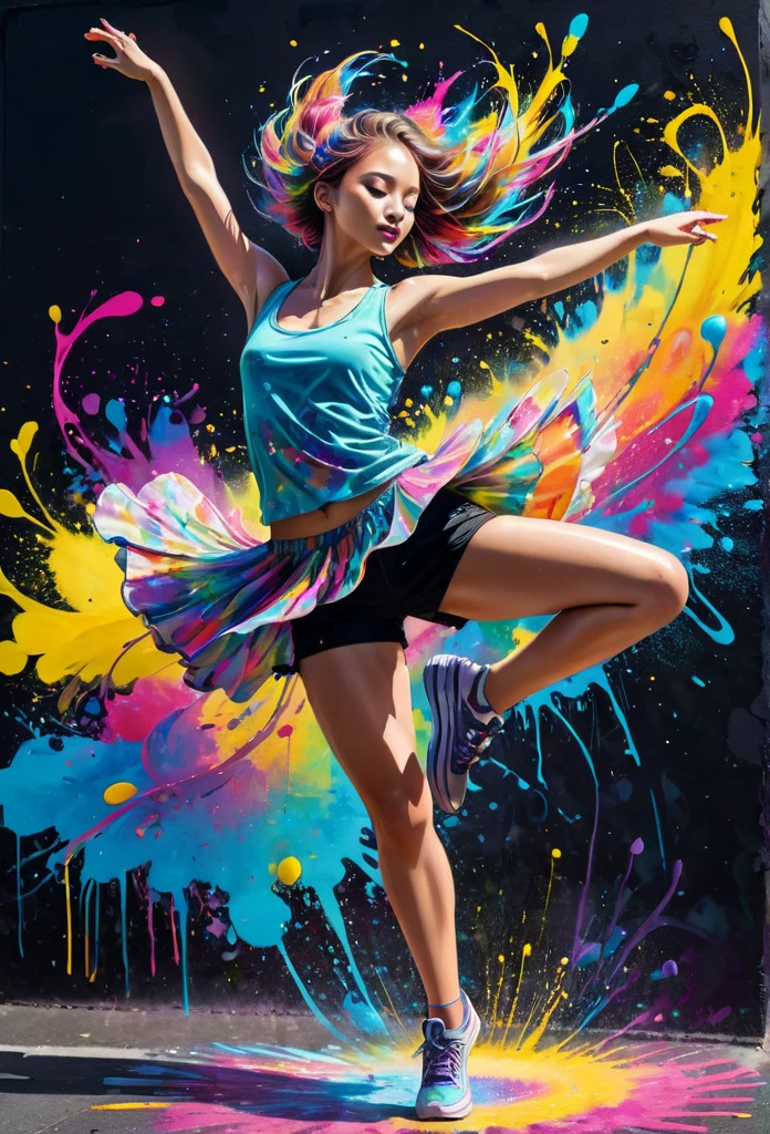 highest quality、masterpiece、Girl、Shorts、A magnificent dance、A vibrant, abstract ink splatter painting of a dancer in mid-air, surrounded by a swirl of musical notes. 8K, hyper detailed. graffiti art, splash art, street art, spray paint, oil gouache melting, acrylic, high contrast, colorful polychromatic