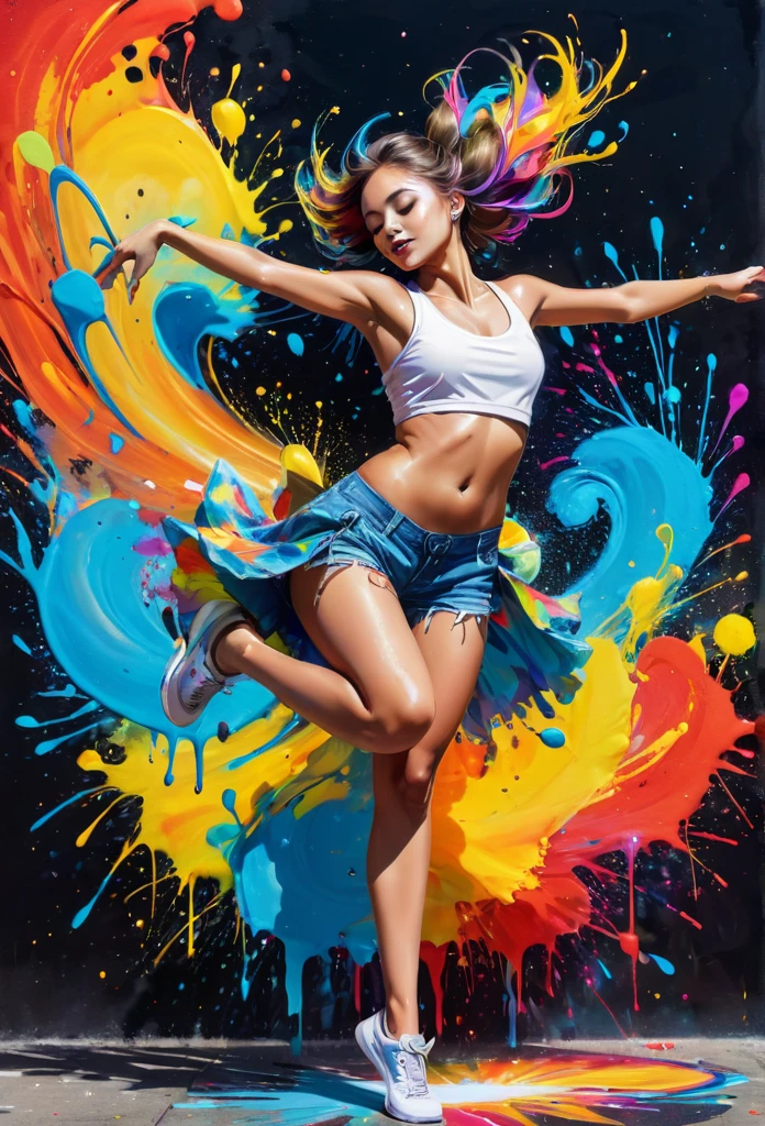 highest quality、masterpiece、Girl、Shorts、A magnificent dance、A vibrant, abstract ink splatter painting of a dancer in mid-air, surrounded by a swirl of musical notes. 8K, hyper detailed. graffiti art, splash art, street art, spray paint, oil gouache melting, acrylic, high contrast, colorful polychromatic