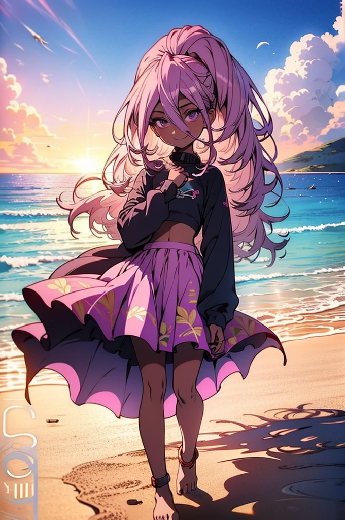 4k, masterpiece, crop top, high detailed, beautiful eyes, long pink hair, high ponytail, purple eyes, mischievous smile, wearing a light, flowing sundress with floral patterns, beach setting, standing barefoot on the sand, gentle waves in the background, bright sunlight, playful and carefree expression, wind lightly blowing her hair and dress, seashells scattered on the sand, summer vibes, relaxed and joyful atmosphere, spider pattern, detailed feet, beautiful eyes, (best quality), (extremely detailed 8K wallpaper), ultra-detailed, cinematic lighting, detailed light, best shadow, anklet, dark skinned, female, Hawaiian, detailed face, beautiful toes, beautiful hands, sunset, two legs,